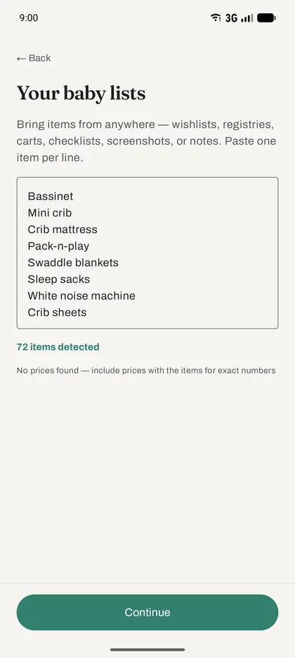 The Your baby lists screen with a pasted list and 72 items detected