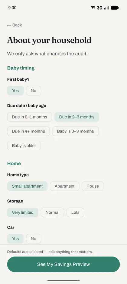 The About your household screen with baby timing, home, and storage choices