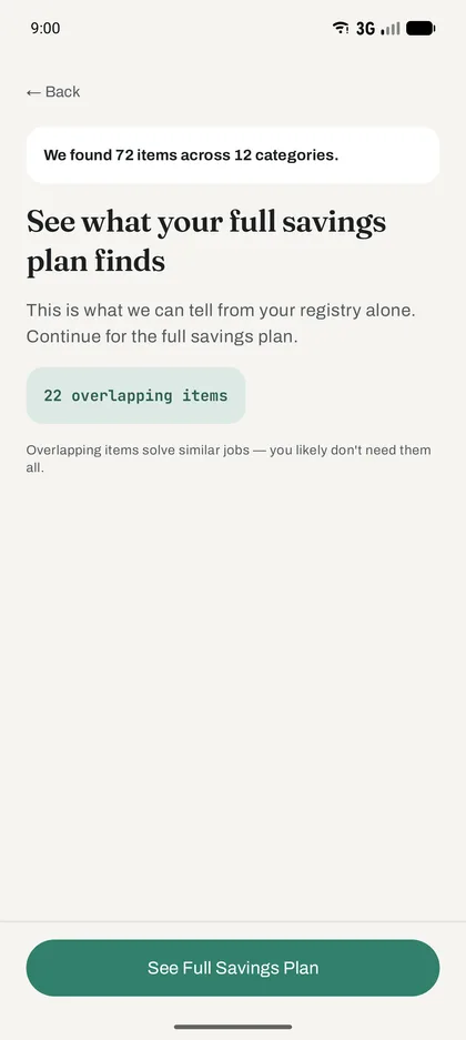 The free savings preview showing 72 items and 22 overlapping items